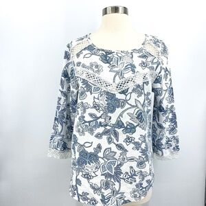 Elena Baldi Blue & White Floral Linen Top w/ Lace